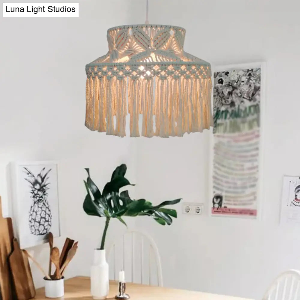 Barn Pendant Light - Traditional Beige Hemp Rope Suspension Fixture With Tassel Fringe