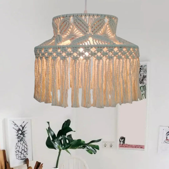 Barn Pendant Light - Traditional Beige Hemp Rope Suspension Fixture With Tassel Fringe / Large