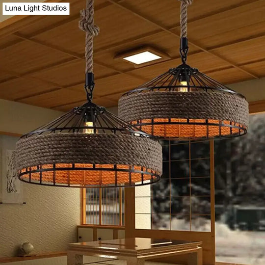 Barn Roped Cage Pendant Light - Lodge Sushi House Brown 12/16/19.5 Width 1 Bulb