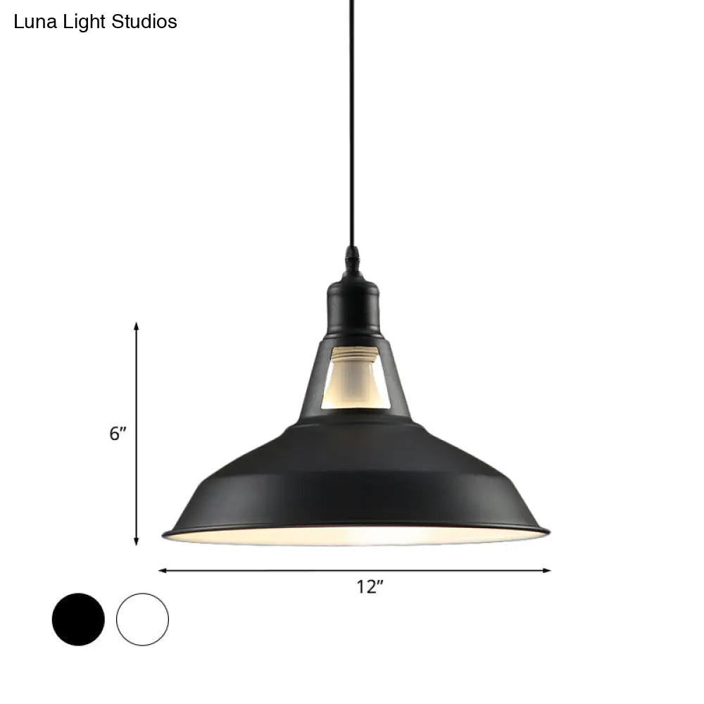 Barn Shade Hanging Lamp - 1 Light Metallic Pendant In Black/White 10.5/12/15 Inch Wide Perfect For