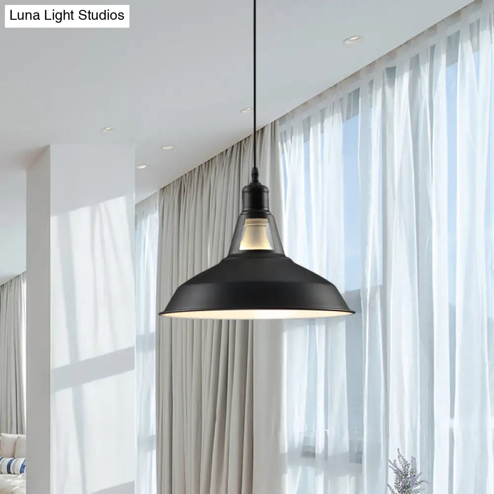 Barn Shade Hanging Lamp - 1 Light Metallic Pendant In Black/White 10.5/12/15 Inch Wide Perfect For