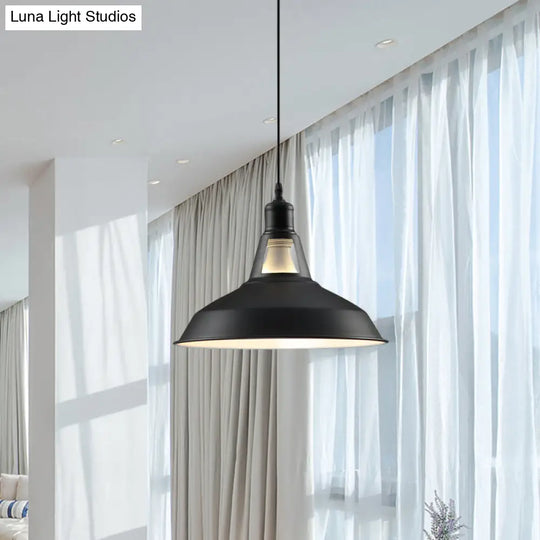 Barn Shade Hanging Lamp - 1 Light Metallic Pendant In Black/White 10.5/12/15 Inch Wide Perfect For