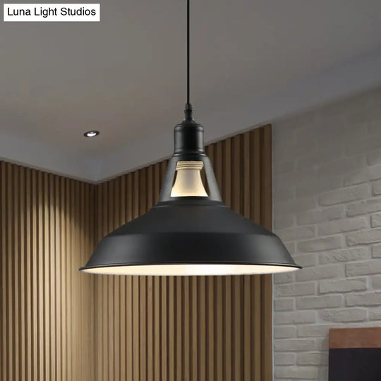 Barn Shade Hanging Lamp - 1 Light Metallic Pendant In Black/White 10.5/12/15 Inch Wide Perfect For