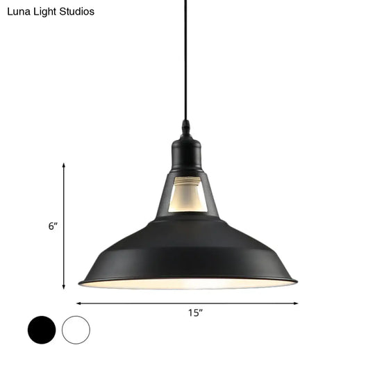 Barn Shade Hanging Lamp - 1 Light Metallic Pendant In Black/White 10.5/12/15 Inch Wide Perfect For