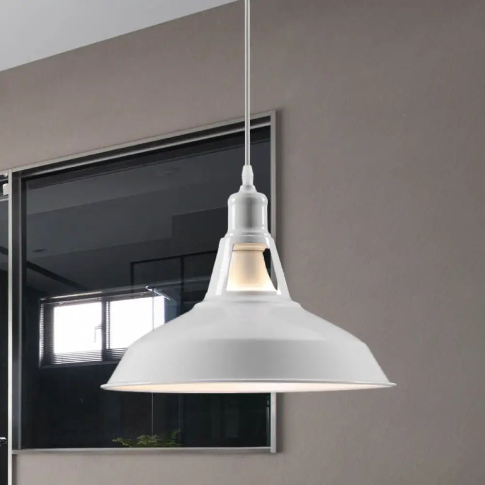 Barn Shade Hanging Lamp - 1 Light Metallic Pendant In Black/White 10.5/12/15 Inch Wide Perfect For