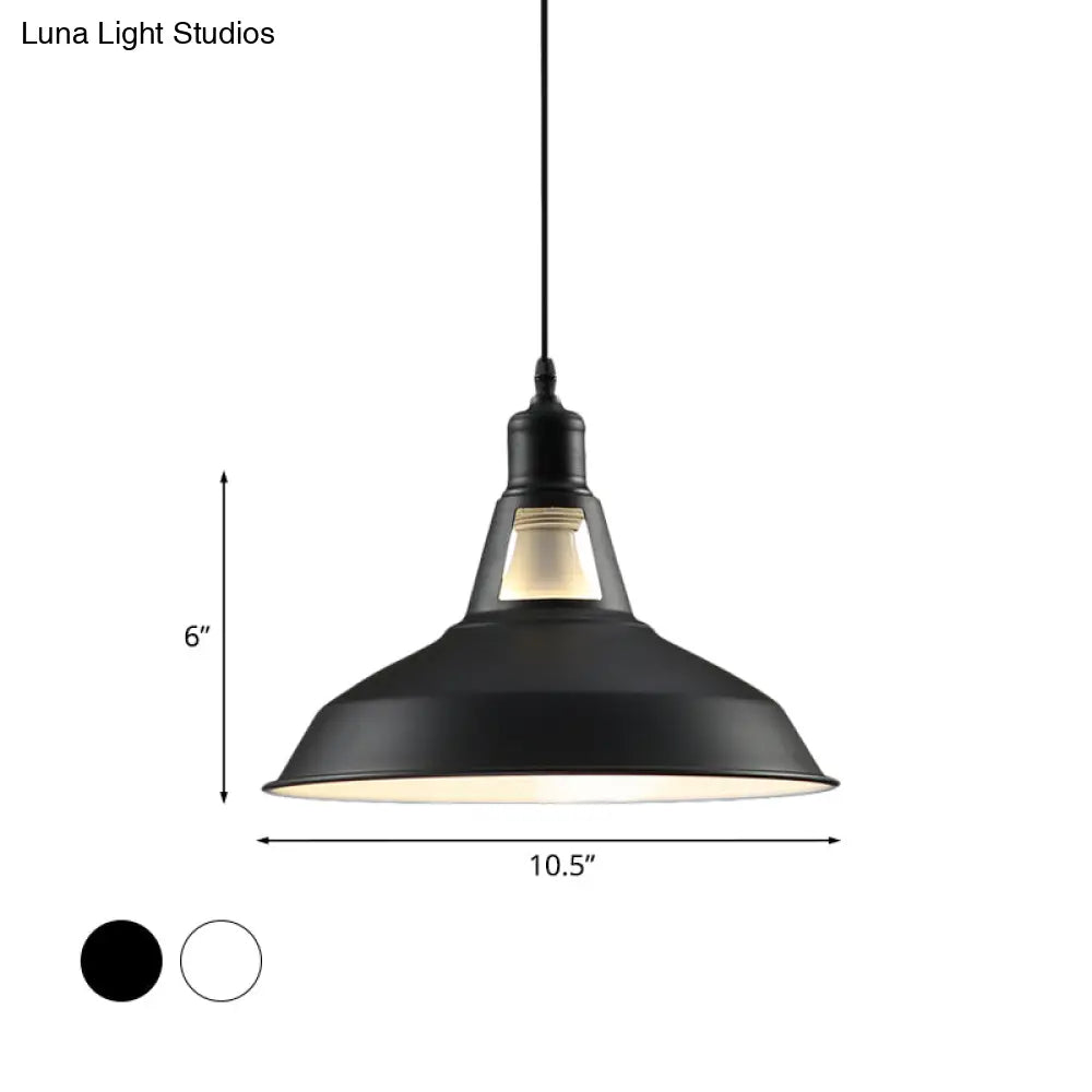 Barn Shade Hanging Lamp - 1 Light Metallic Pendant In Black/White 10.5/12/15 Inch Wide Perfect For