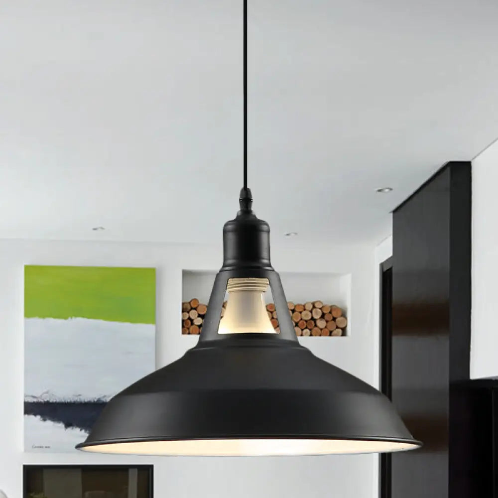 Barn Shade Hanging Lamp - 1 Light Metallic Pendant In Black/White 10.5/12/15 Inch Wide Perfect For