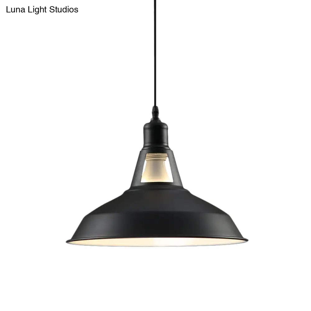 Barn Shade Hanging Lamp - 1 Light Metallic Pendant In Black/White 10.5/12/15 Inch Wide Perfect For