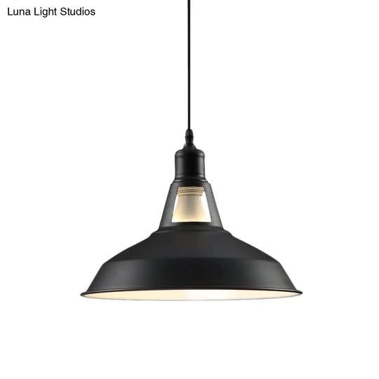 Barn Shade Hanging Lamp - 1 Light Metallic Pendant In Black/White 10.5/12/15 Inch Wide Perfect For