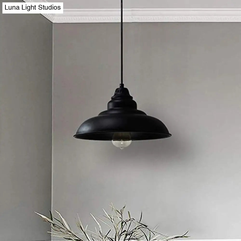 Barn Shade Industrial Metal Pendant Light Fixture - Single Bulb Hanging Lamp In Black For Living