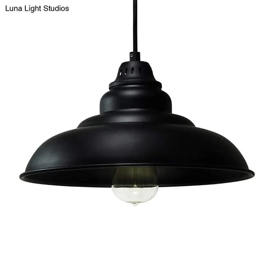 Barn Shade Industrial Metal Pendant Light Fixture - Single Bulb Hanging Lamp In Black For Living