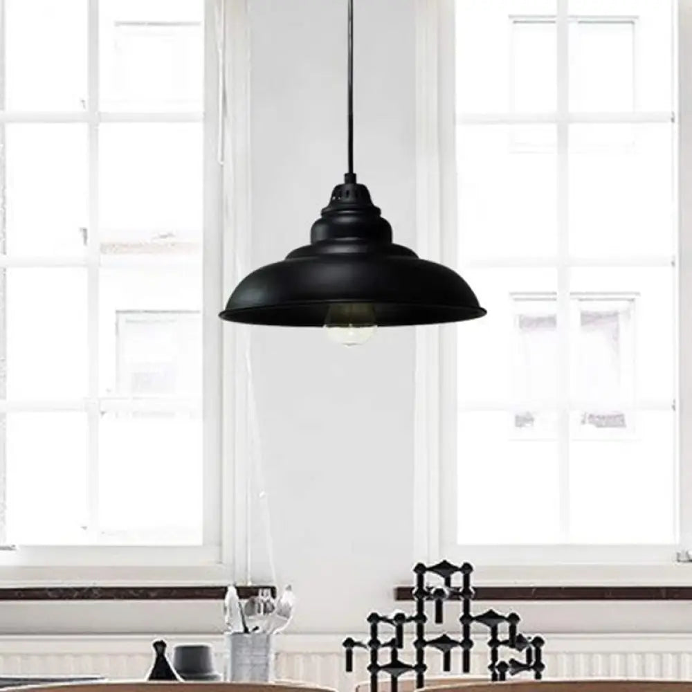 Barn Shade Industrial Metal Pendant Light Fixture - Single Bulb Hanging Lamp In Black For Living