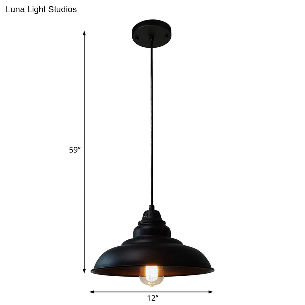 Barn Shade Industrial Metal Pendant Light Fixture - Single Bulb Hanging Lamp In Black For Living