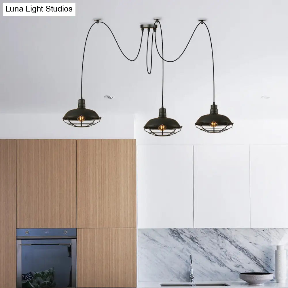 Industrial Style Metal Pendant Light - Barn Shade With 3 Lights Kitchen Ceiling Fixture In Black