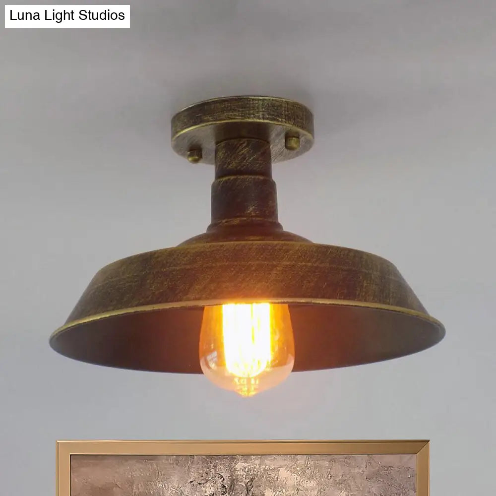 Barn Shade Semi-Flush Mount Ceiling Light In Aged Silver/Weathered Copper For Farmhouse Decor