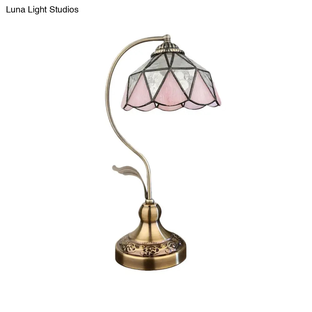 Barn Table Lamp With 1-Head: Pink And Silver Triangle-Cut Glass Tiffany Nightstand Light In Bronze