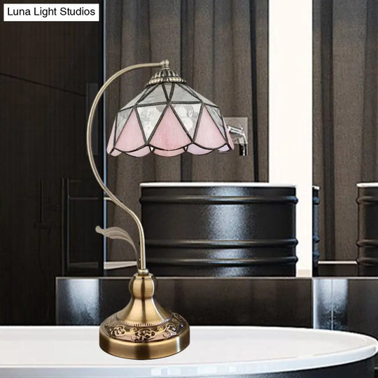 Barn Table Lamp With 1-Head: Pink And Silver Triangle-Cut Glass Tiffany Nightstand Light In Bronze