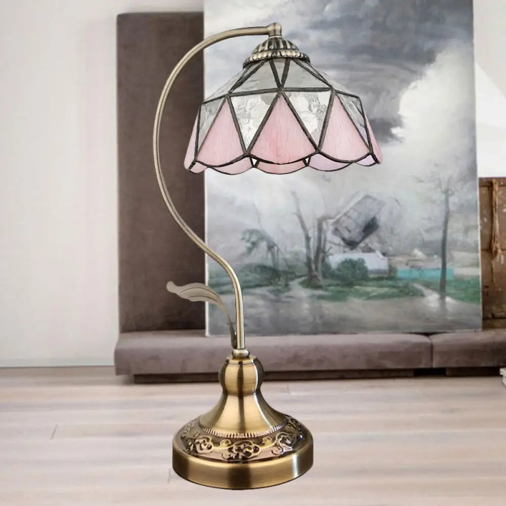 Barn Table Lamp With 1-Head: Pink And Silver Triangle-Cut Glass Tiffany Nightstand Light In Bronze