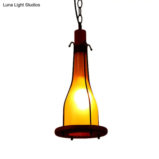 Rustic Brown Glass Bottle Pendant Light Kit - Single Head Ceiling With Wooden Tray Design