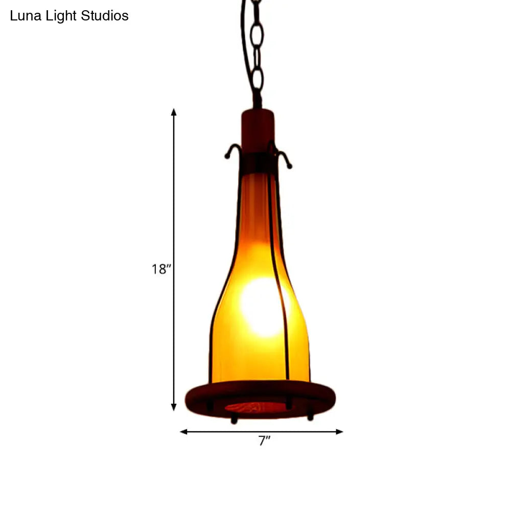 Rustic Brown Glass Bottle Pendant Light Kit - Single Head Ceiling With Wooden Tray Design