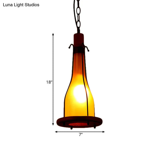 Rustic Brown Glass Bottle Pendant Light Kit - Single Head Ceiling With Wooden Tray Design