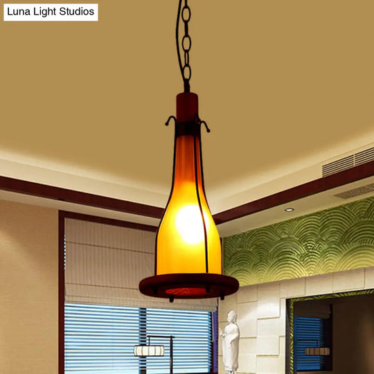 Rustic Brown Glass Bottle Pendant Light Kit - Single Head Ceiling With Wooden Tray Design Yellow