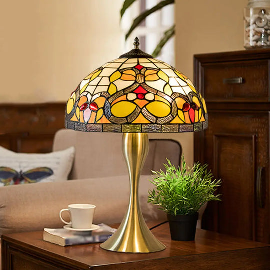 Baroque 1-Bulb Brass Nightstand Lamp: Cut Glass Domed Desk Light With Elegant Fishtail Base