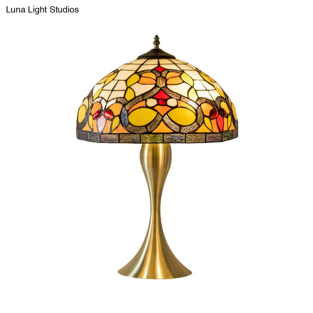 Baroque 1-Bulb Brass Nightstand Lamp: Cut Glass Domed Desk Light With Elegant Fishtail Base