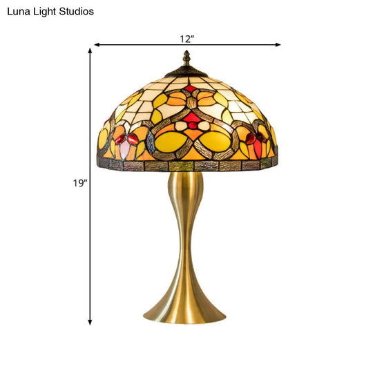 Baroque 1-Bulb Brass Nightstand Lamp: Cut Glass Domed Desk Light With Elegant Fishtail Base