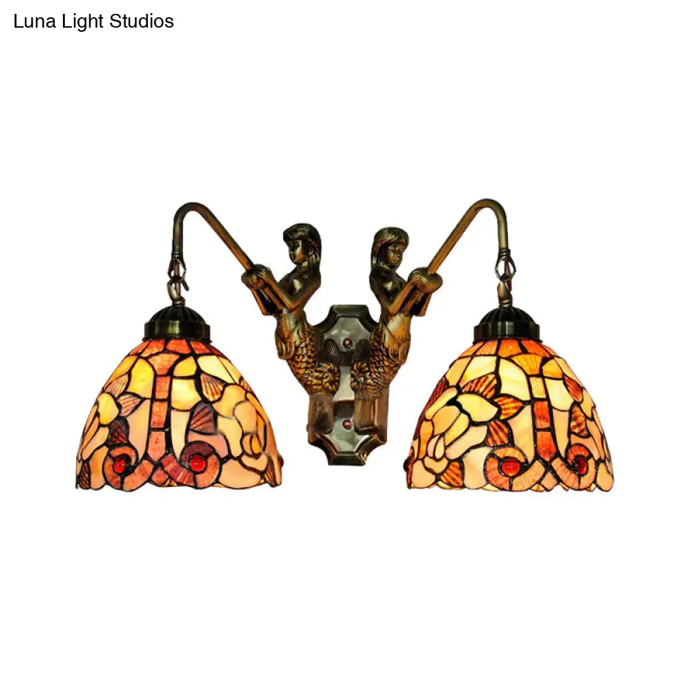 Baroque 2-Head Orange Shell Bowl Wall Light With Mermaid Backplate For Bedroom