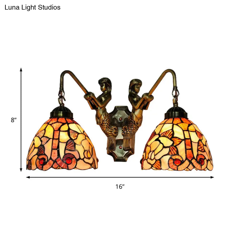 Baroque 2-Head Orange Shell Bowl Wall Light With Mermaid Backplate For Bedroom