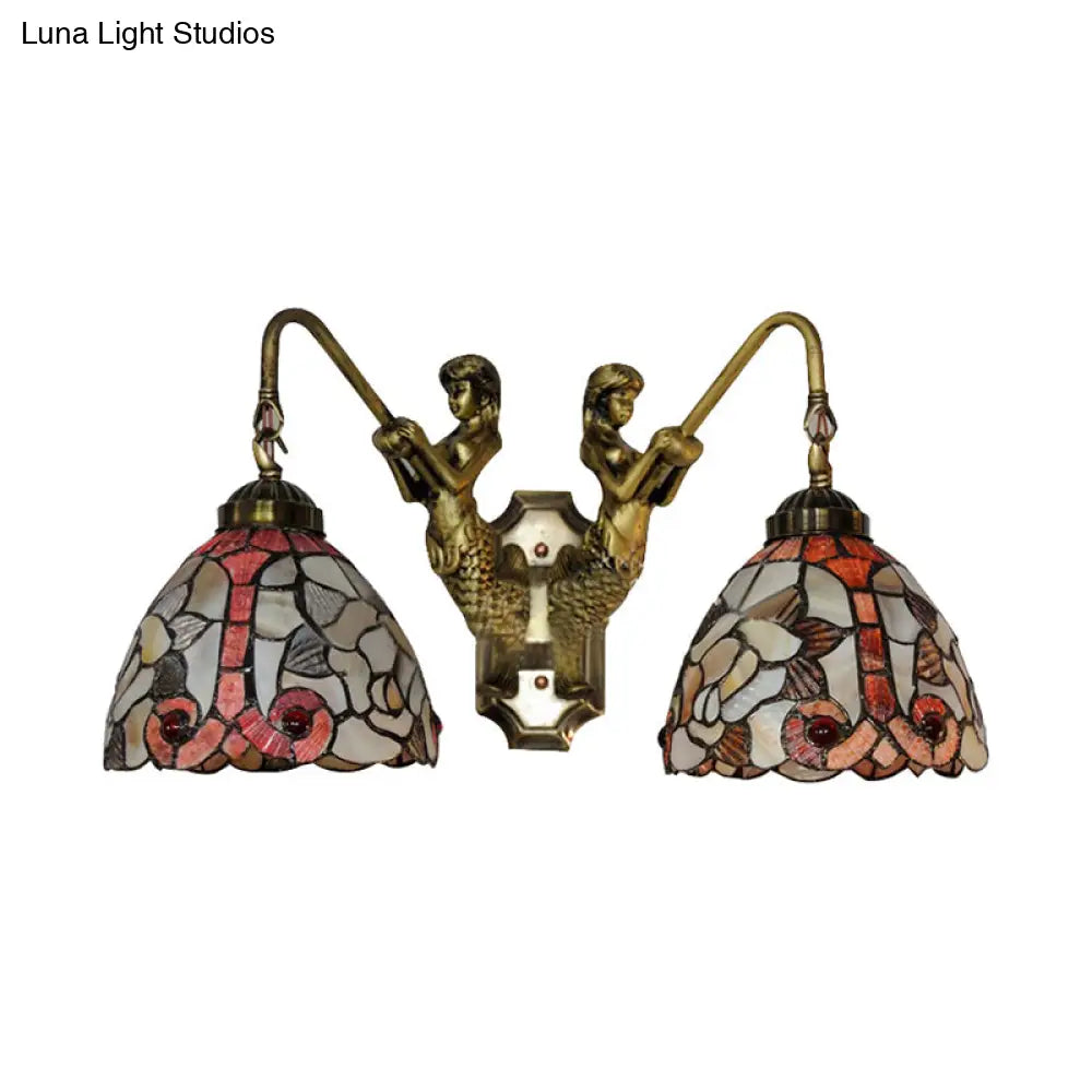 Baroque 2-Head Orange Shell Bowl Wall Light With Mermaid Backplate For Bedroom