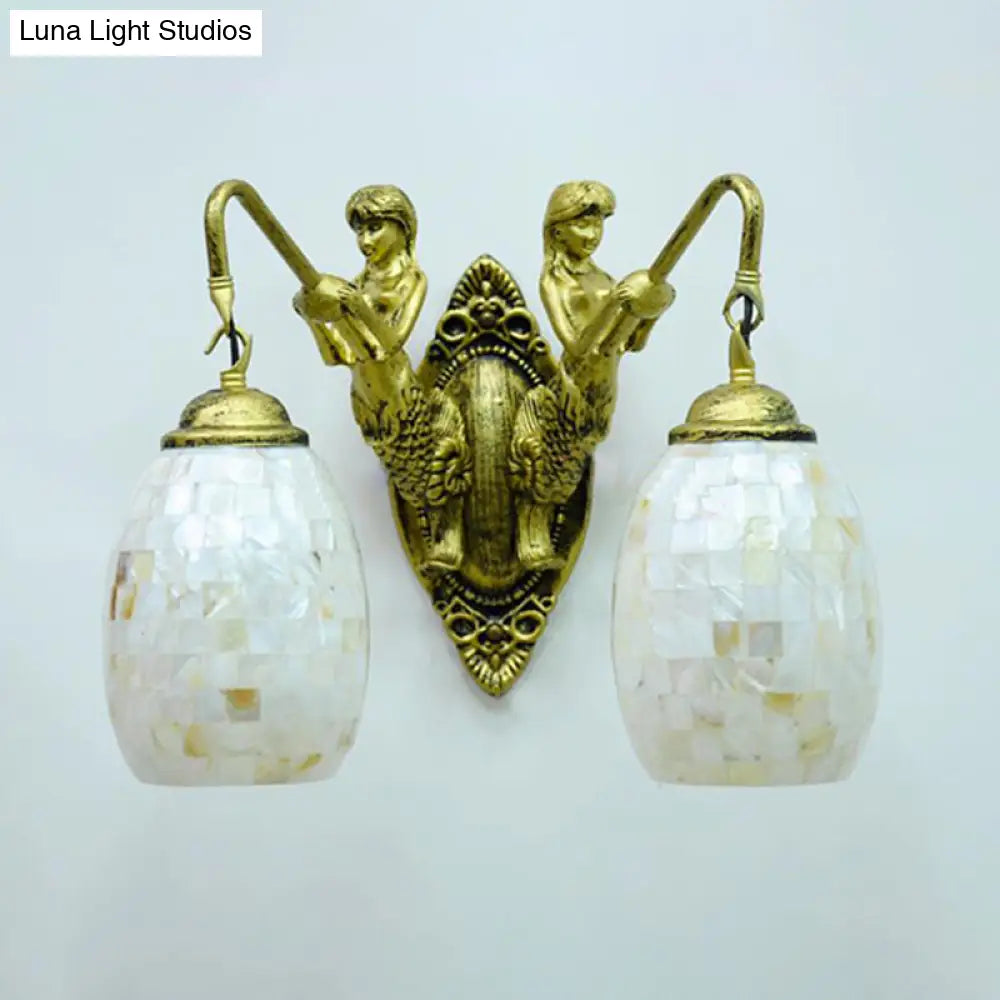 Baroque 2-Light Dome/Globe Shell Vanity Sconce - White/Brass Bathroom Light Fixture 10/11 H