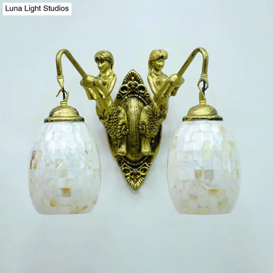 Baroque 2-Light Dome/Globe Shell Vanity Sconce - White/Brass Bathroom Light Fixture 10/11 H