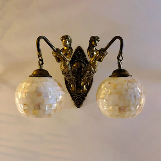 Baroque 2-Light Dome/Globe Shell Vanity Sconce - White/Brass Bathroom Light Fixture 10/11 H Brass /