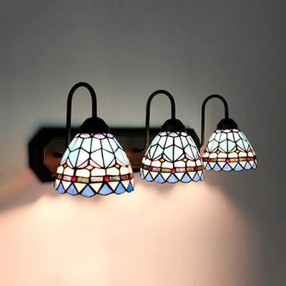 Baroque 3-Head Dome Stained Glass Sconce Light Fixture - Multi-Colored Wall Mounted Blue