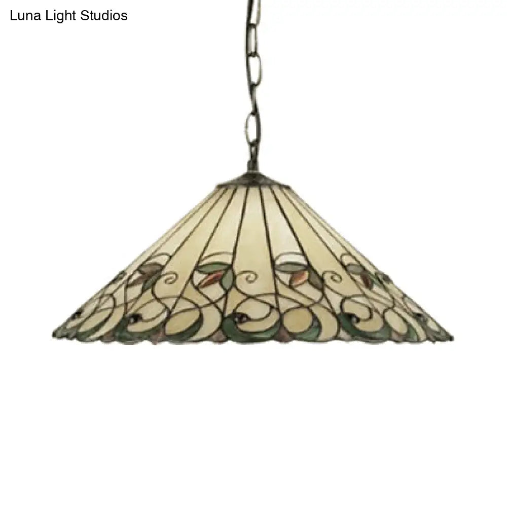 Baroque Art Glass Pendant Light - Conical Down Lighting Pink/Green Stained 1 Head Suspended Design