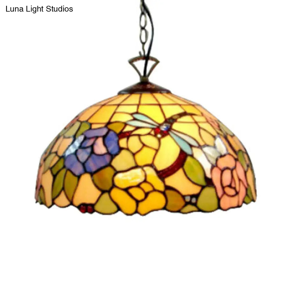 Baroque Beige Handcrafted Art Glass Pendant Light: Elegant Bedroom Ceiling Lamp With Domed Shade