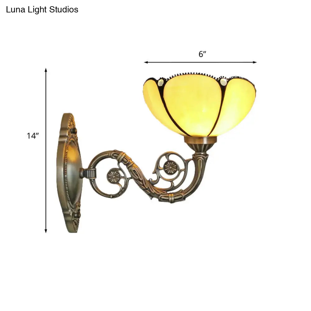 Baroque Beige Glass Wall Sconce With Curved Arm - Bronze 1-Light Lamp