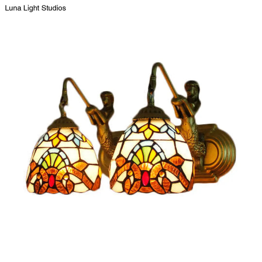 Baroque Beige Multicolor Stained Glass Dome Sconce Light 16/18 Wide