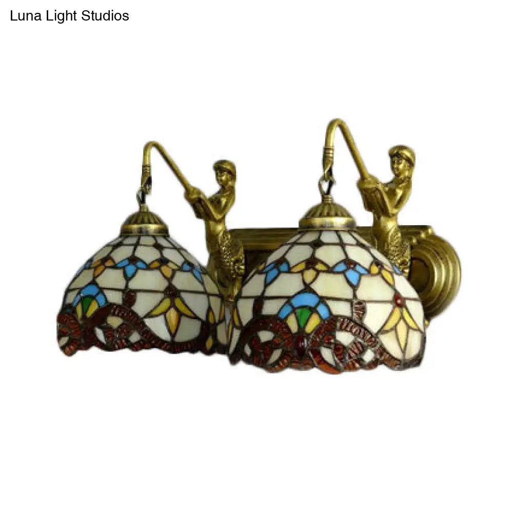 Baroque Beige Multicolor Stained Glass Dome Sconce Light 16/18 Wide