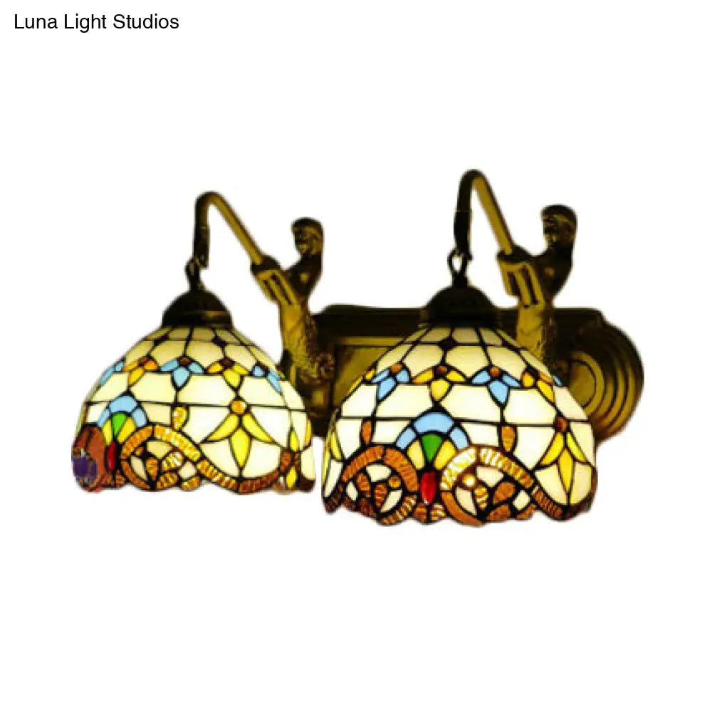 Baroque Beige Multicolor Stained Glass Dome Sconce Light 16/18 Wide