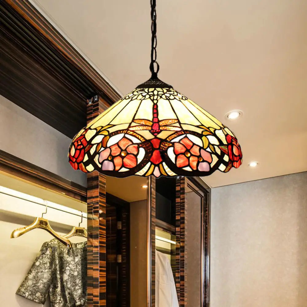 Baroque Beige Pendant Lighting With Stained Glass Shade For Bedroom - 1 Bulb
