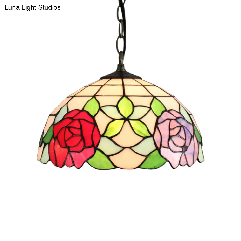 Baroque Black Stained Glass Pendant Lamp With Rose Pattern - Suspended Light Fixture