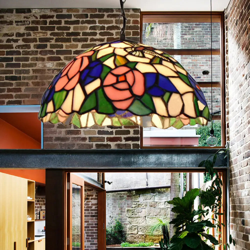 Baroque Black Stained Glass Pendant Lamp With Rose Pattern - Suspended Light Fixture / Pink