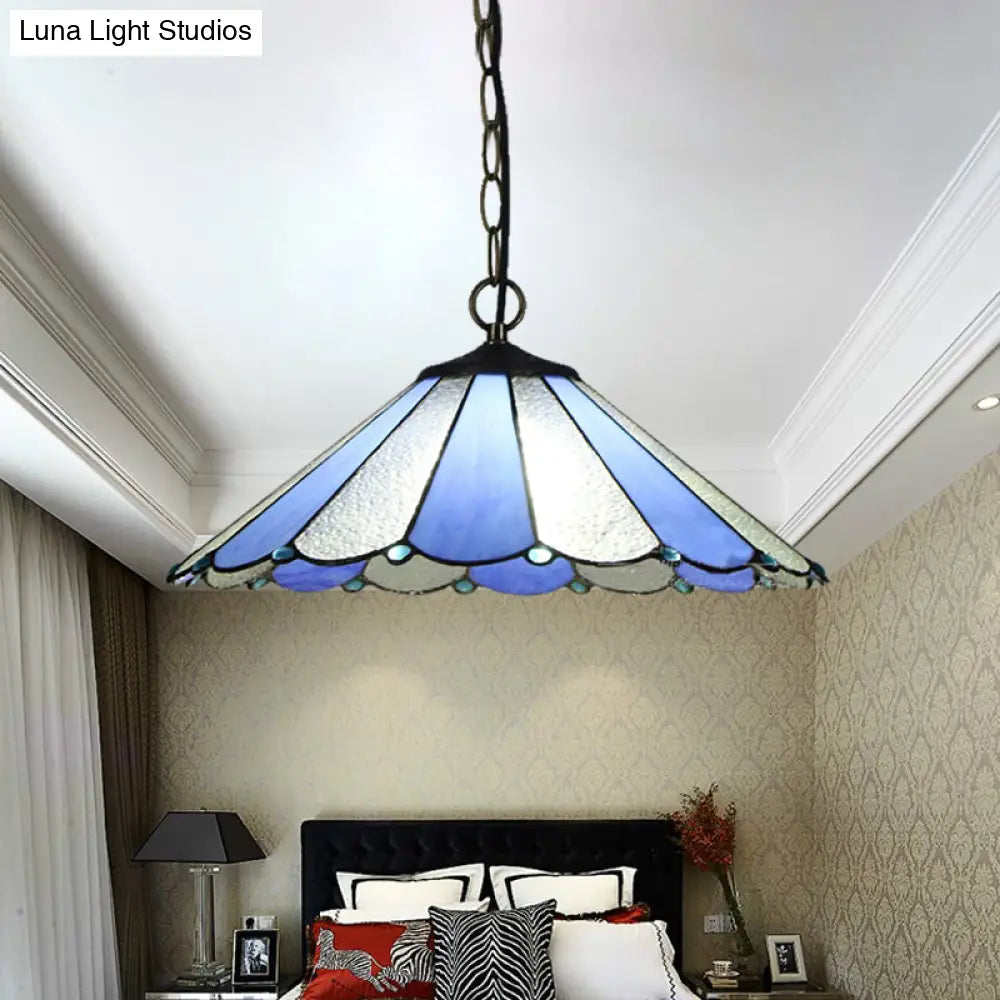 Baroque Blue Conical Suspension Lamp - Hand Cut Glass Ceiling Light For Bedroom