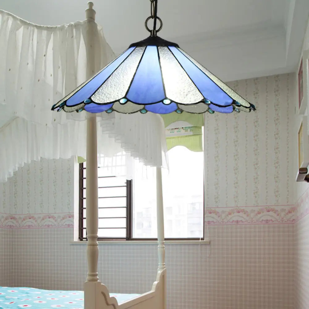 Baroque Blue Conical Suspension Lamp - Hand Cut Glass Ceiling Light For Bedroom