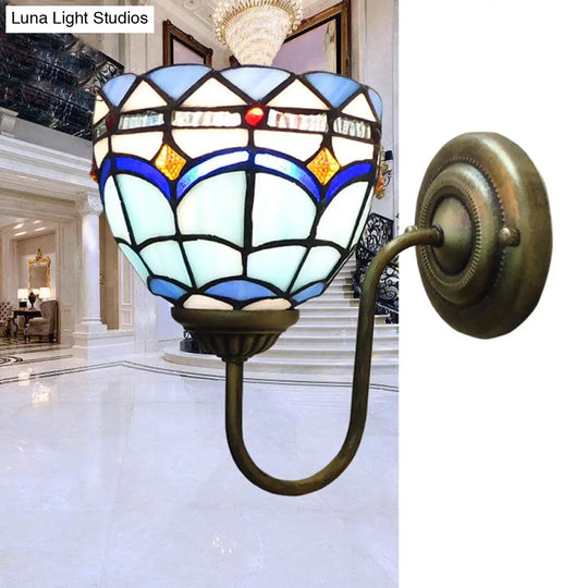 Baroque Blue Dome Wall Light Fixture: Stained Glass 1-Head Lighting With Curved Arm