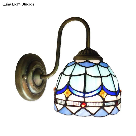 Baroque Blue Dome Wall Light Fixture: Stained Glass 1-Head Lighting With Curved Arm