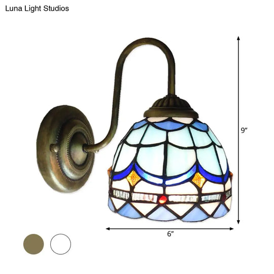 Baroque Blue Dome Wall Light Fixture: Stained Glass 1-Head Lighting With Curved Arm